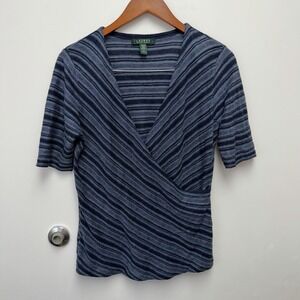 Lauren Ralph Lauren Top Linen Wrap Preppy Nautical Classic Stripe Blue Medium